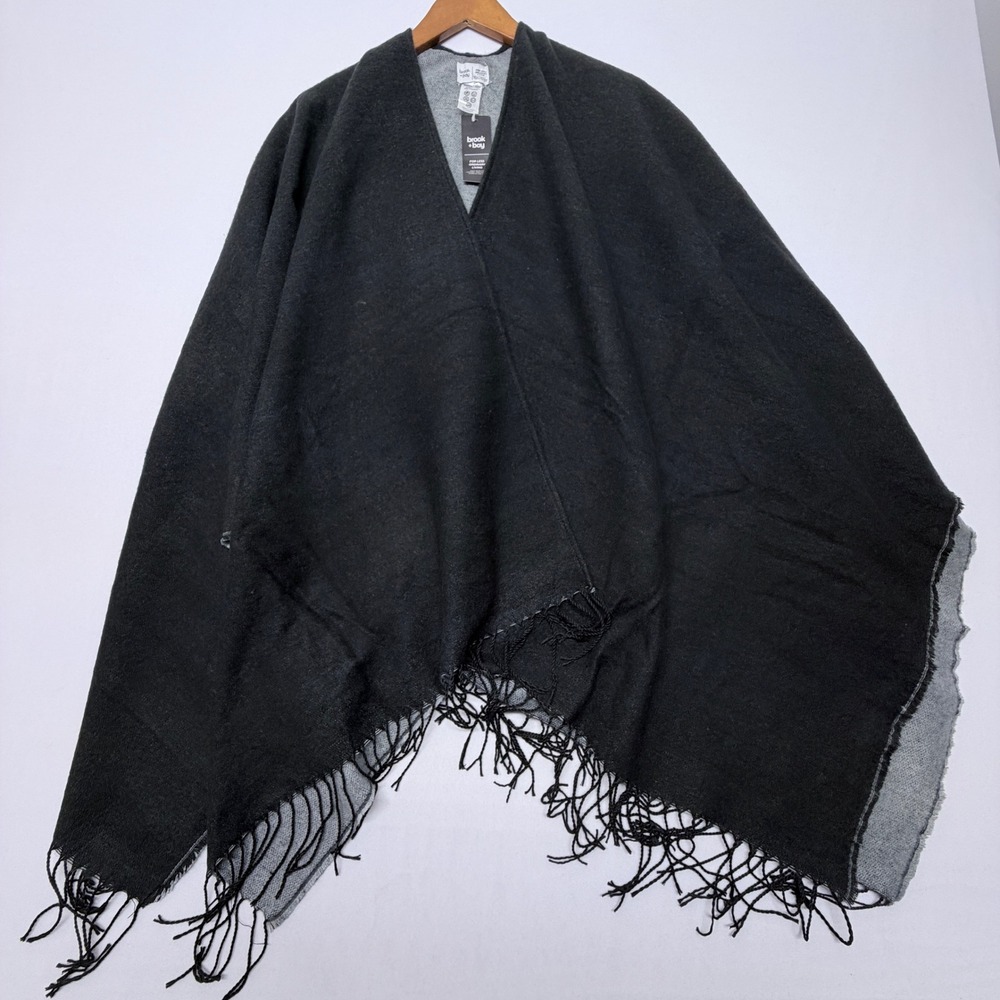 Brook + Bay Reversible Poncho Black Grey Fringe Trim Open Front Wrap NWT